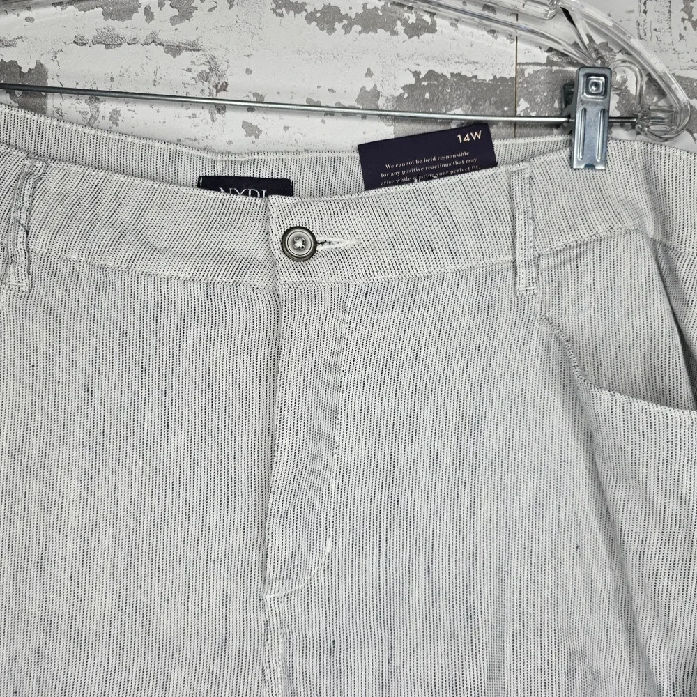 NEW NYDJ Pants Womens 14W Light Gray The Trouser Stubby Stripe‎ Linen Blend